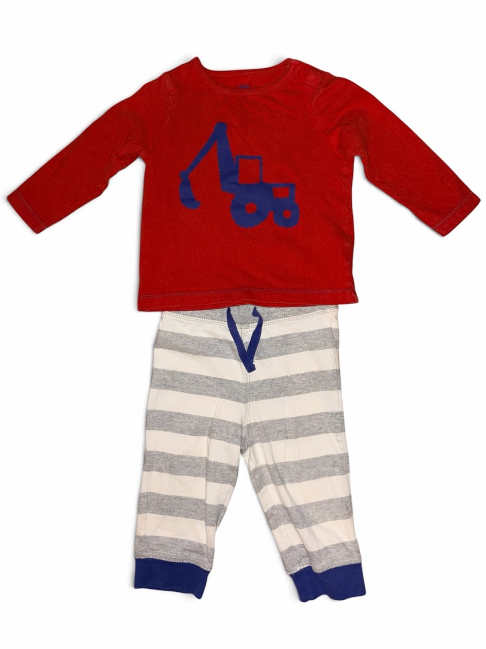 Boden Red Top with Blue Crane & White/Gray Striped Pants